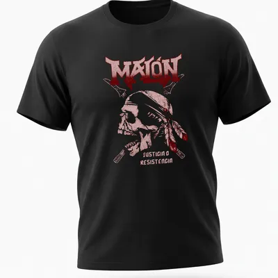Bold graphic of a skull with red and white text reading 'MALÓN JUSTICIA O RESISTENCIA' — printed on a unisex t-shirt