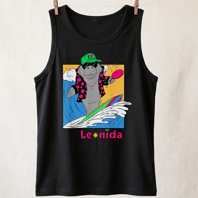 Cartoon manatee surfing with colorful text that reads I love vacation Leonida — printed on a tank top