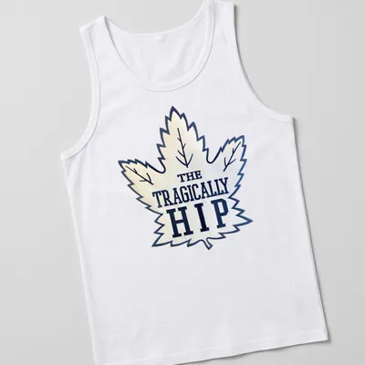 Bold graphic of The Tragically Hip with a maple leaf in white and navy — printed on a tank top