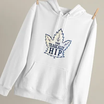 Bold graphic of The Tragically Hip with a maple leaf in white and navy — printed on a unisex hoodie
