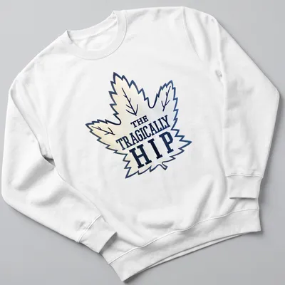 Bold graphic of The Tragically Hip with a maple leaf in white and navy — printed on a unisex sweatshirt