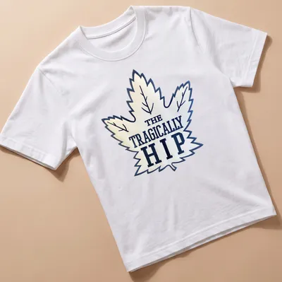 Bold graphic of The Tragically Hip with a maple leaf in white and navy