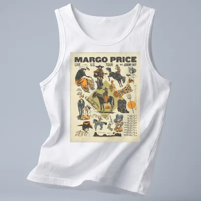Vintage concert poster style graphic with Margo Price's tour dates in colorful text — printed on a tank top