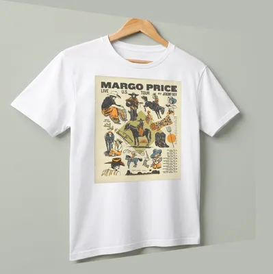 Vintage concert poster style graphic with Margo Price's tour dates in colorful text — printed on a unisex t-shirt (angled view)