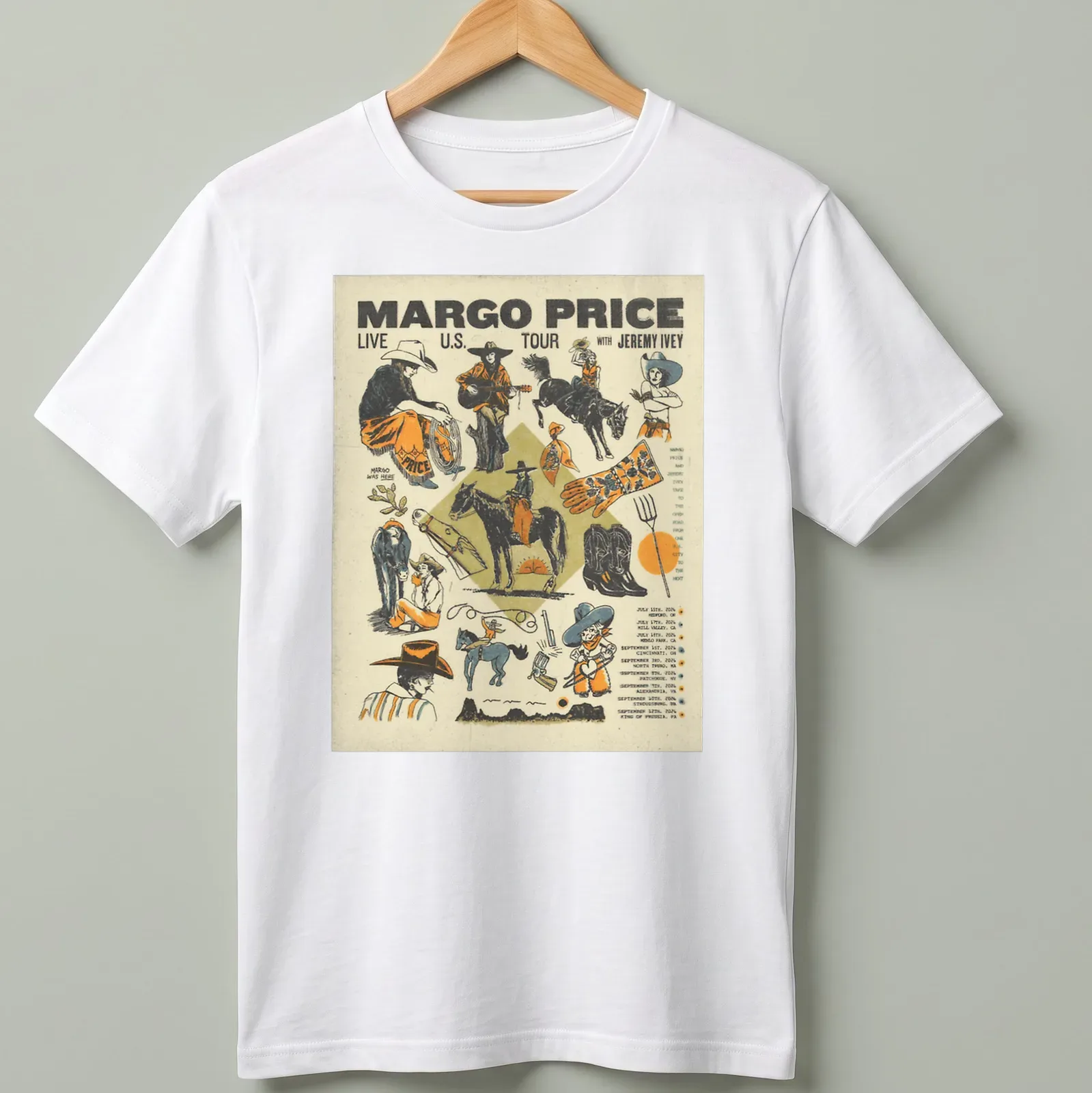 Vintage concert poster style graphic with Margo Price's tour dates in colorful text — printed on a unisex t-shirt