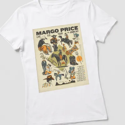 Vintage concert poster style graphic with Margo Price's tour dates in colorful text — printed on a women's shirt