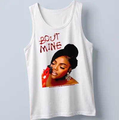 Bold typography tee featuring 'BOUT MINE' in red and black design — printed on a tank top