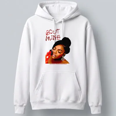 Bold typography tee featuring 'BOUT MINE' in red and black design — printed on a unisex hoodie