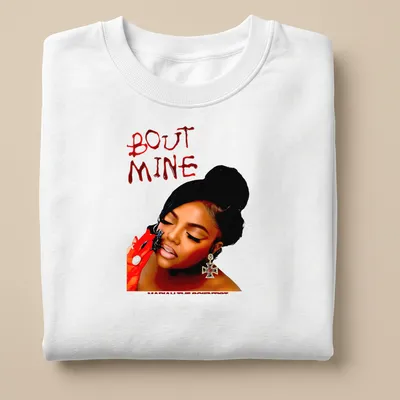 Bold typography tee featuring 'BOUT MINE' in red and black design — printed on a unisex sweatshirt