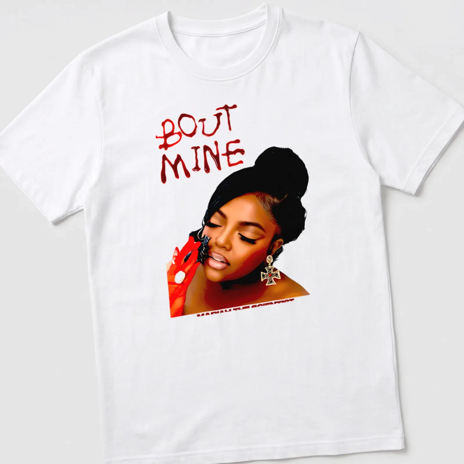 Bold typography tee featuring 'BOUT MINE' in red and black design — printed on a unisex t-shirt