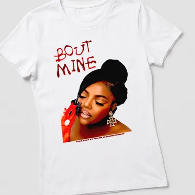 Bold typography tee featuring 'BOUT MINE' in red and black design — printed on a women's shirt