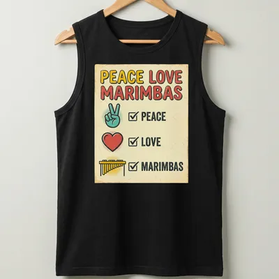 Retro style t-shirt with colorful marimbas and text saying Peace Love Marimbas — printed on a tank top