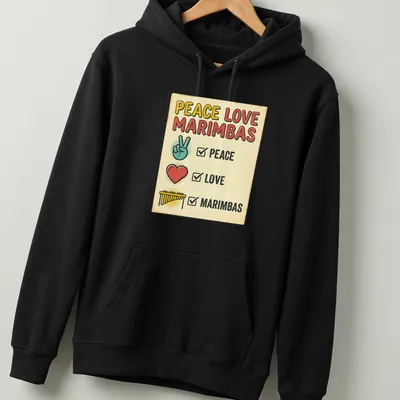 Retro style t-shirt with colorful marimbas and text saying Peace Love Marimbas — printed on a unisex hoodie