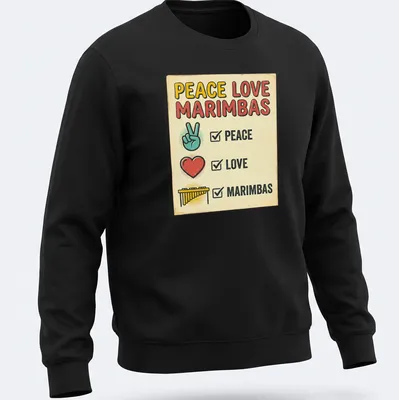 Retro style t-shirt with colorful marimbas and text saying Peace Love Marimbas — printed on a unisex sweatshirt