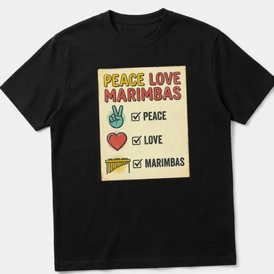 Retro style t-shirt with colorful marimbas and text saying Peace Love Marimbas