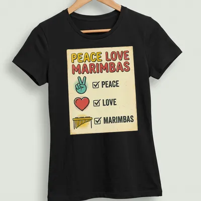 Retro style t-shirt with colorful marimbas and text saying Peace Love Marimbas — printed on a women's shirt