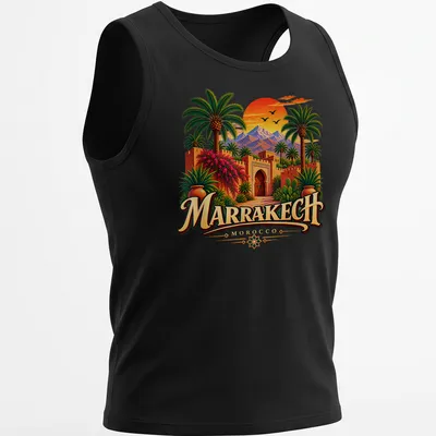 Vintage travel art featuring Marrakech landscape with palm trees and mountains — printed on a tank top