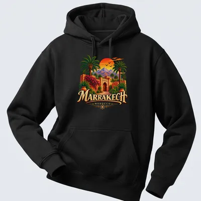 Vintage travel art featuring Marrakech landscape with palm trees and mountains — printed on a unisex hoodie