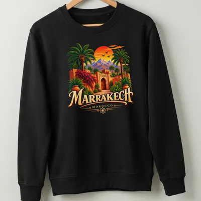 Vintage travel art featuring Marrakech landscape with palm trees and mountains — printed on a unisex sweatshirt
