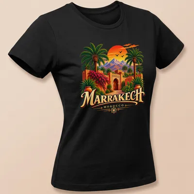 Vintage travel art featuring Marrakech landscape with palm trees and mountains — printed on a women's shirt