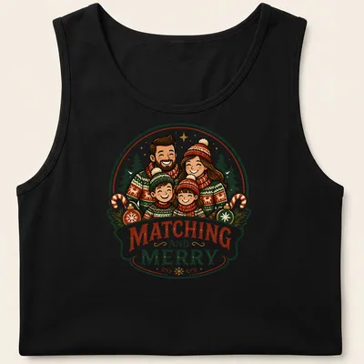 Vintage illustration of a family in Christmas sweaters with text Matching and Merry — printed on a tank top