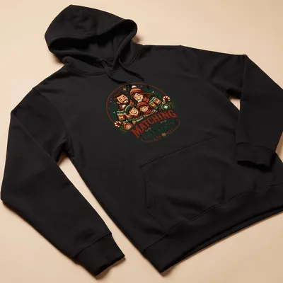 Vintage illustration of a family in Christmas sweaters with text Matching and Merry — printed on a unisex hoodie