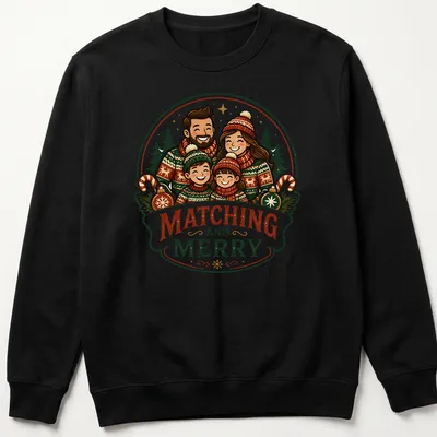 Vintage illustration of a family in Christmas sweaters with text Matching and Merry — printed on a unisex sweatshirt