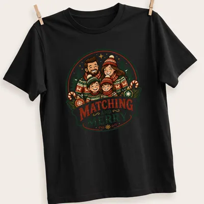 Vintage illustration of a family in Christmas sweaters with text Matching and Merry