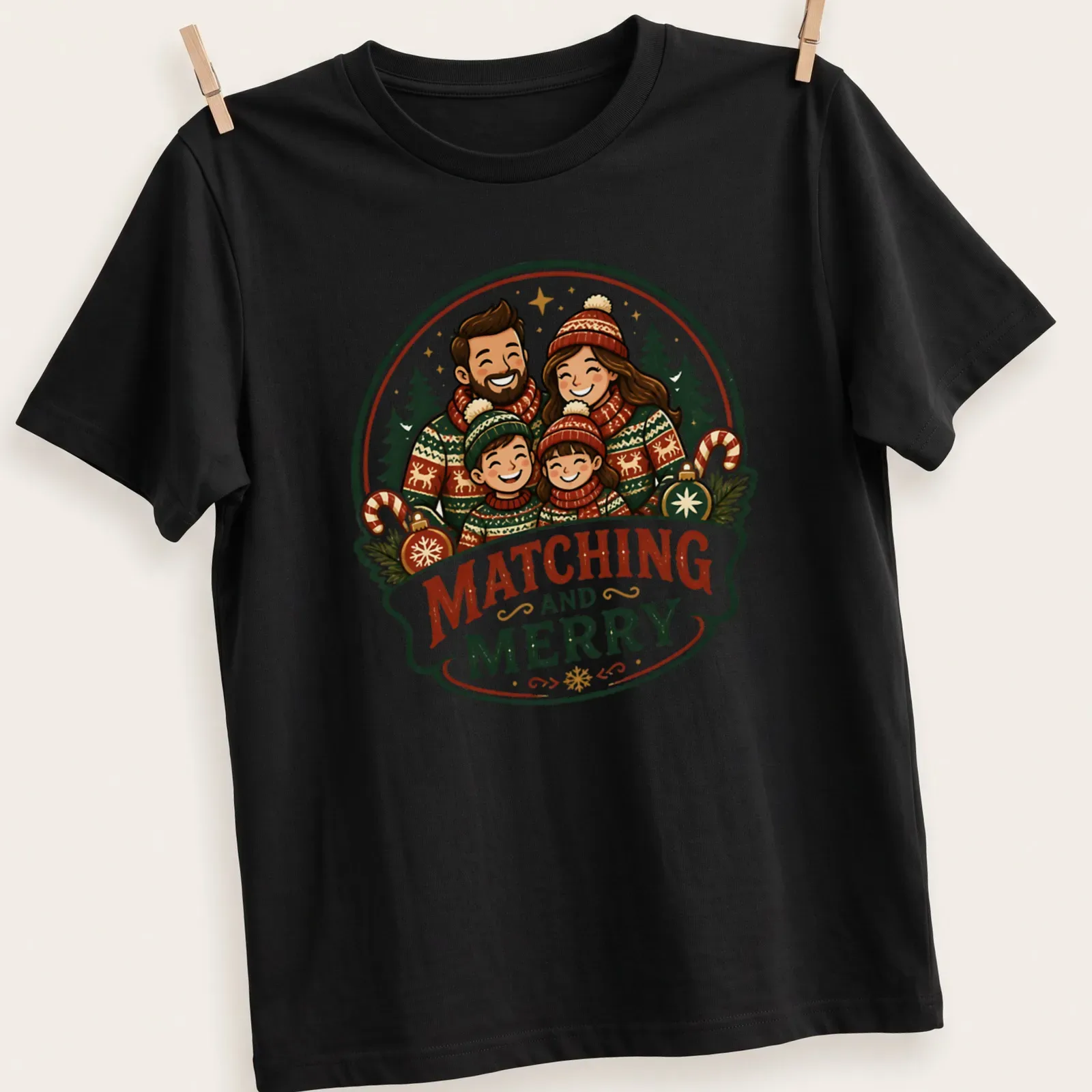 Vintage illustration of a family in Christmas sweaters with text Matching and Merry — printed on a unisex t-shirt