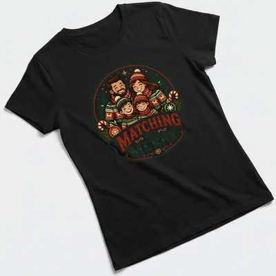 Vintage illustration of a family in Christmas sweaters with text Matching and Merry — printed on a women's shirt