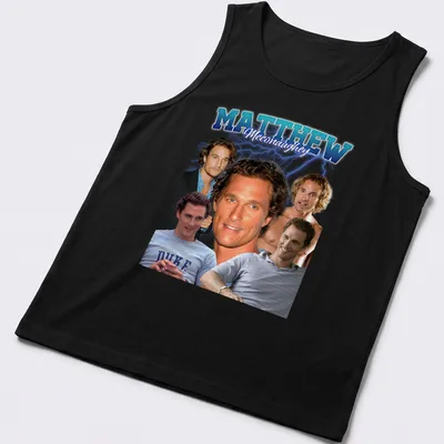 Retro portrait t-shirt of Matthew McConaughey in blue, white, and black — printed on a tank top