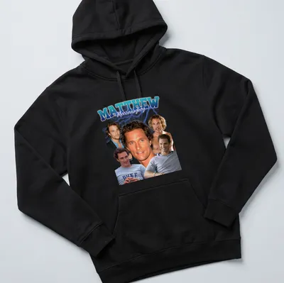 Retro portrait t-shirt of Matthew McConaughey in blue, white, and black — printed on a unisex hoodie