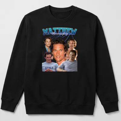 Retro portrait t-shirt of Matthew McConaughey in blue, white, and black — printed on a unisex sweatshirt