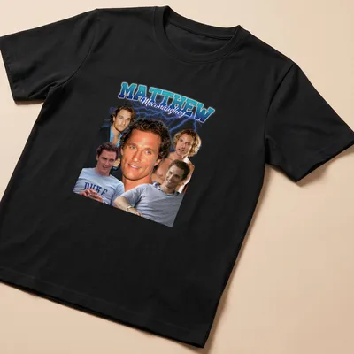 Retro portrait t-shirt of Matthew McConaughey in blue, white, and black