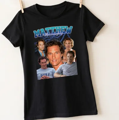 Retro portrait t-shirt of Matthew McConaughey in blue, white, and black — printed on a women's shirt