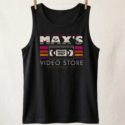 Retro Max's Video Store tee featuring colorful text and nostalgic vibes — printed on a tank top