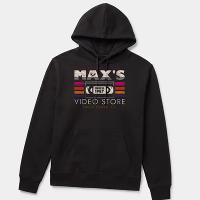 Retro Max's Video Store tee featuring colorful text and nostalgic vibes — printed on a unisex hoodie