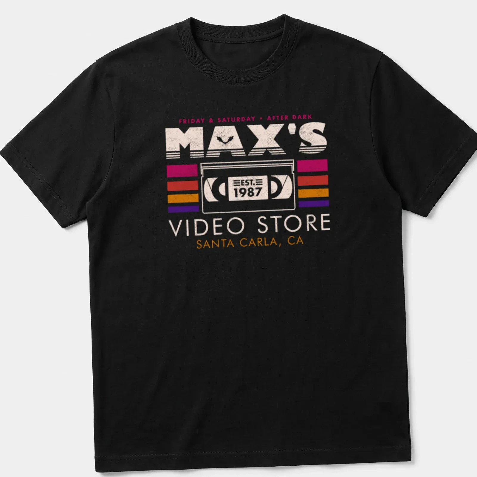 Retro Max's Video Store tee featuring colorful text and nostalgic vibes — printed on a unisex t-shirt