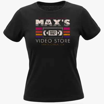 Retro Max's Video Store tee featuring colorful text and nostalgic vibes — printed on a women's shirt