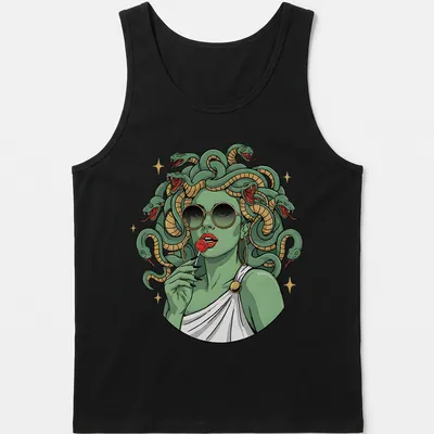 Vintage Medusa T-shirt featuring snake hair and a lollipop in green, gold, black, and red — printed on a tank top