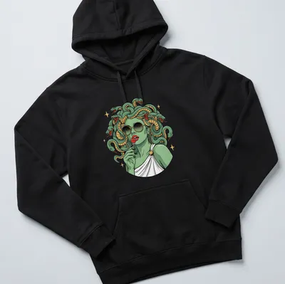 Vintage Medusa T-shirt featuring snake hair and a lollipop in green, gold, black, and red — printed on a unisex hoodie