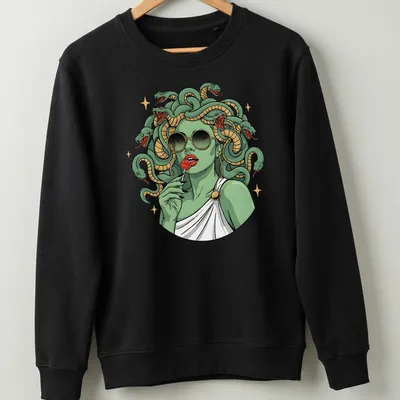 Vintage Medusa T-shirt featuring snake hair and a lollipop in green, gold, black, and red — printed on a unisex sweatshirt