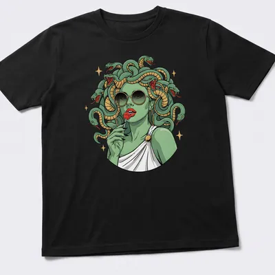 Vintage Medusa T-shirt featuring snake hair and a lollipop in green, gold, black, and red — printed on a unisex t-shirt