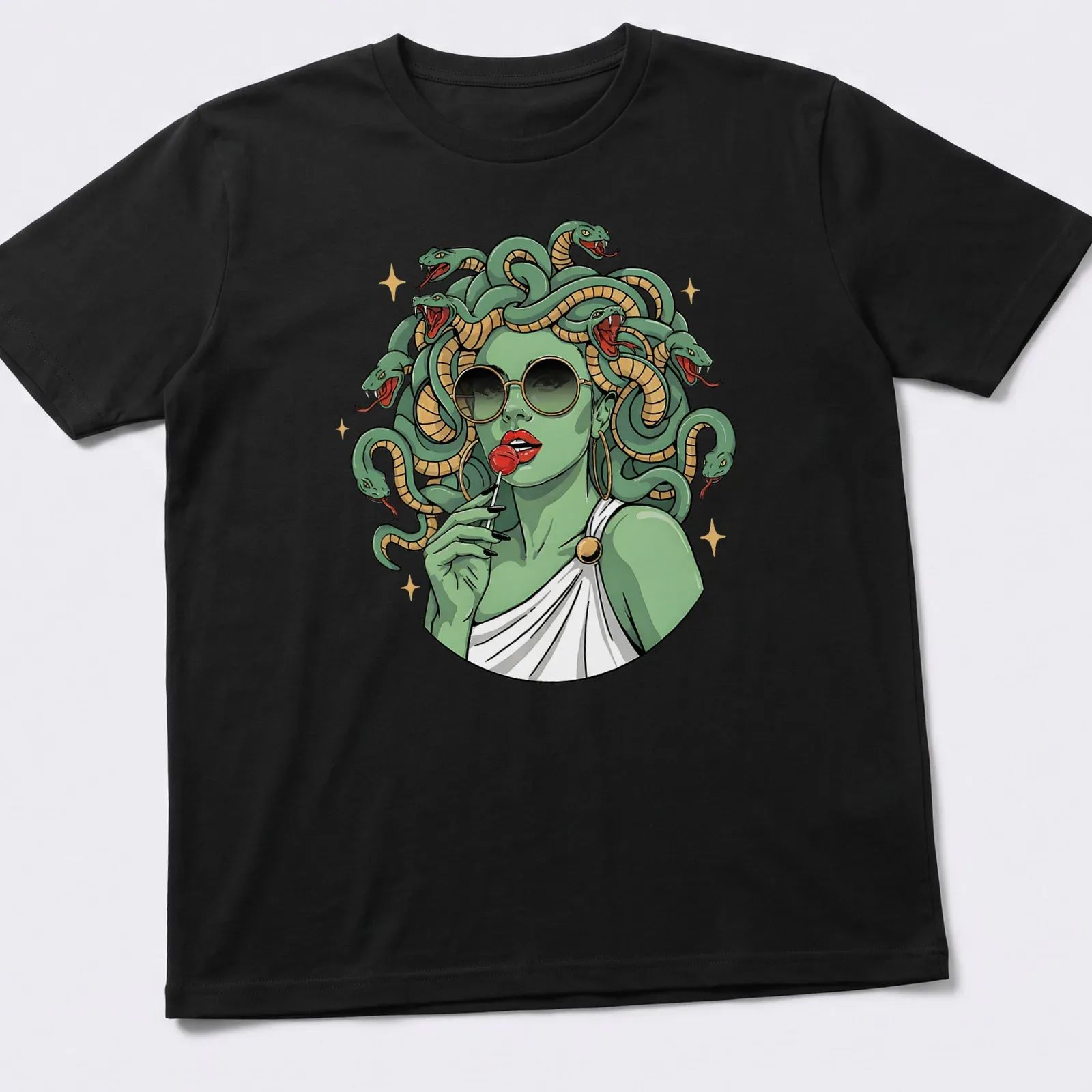 Vintage Medusa T-shirt featuring snake hair and a lollipop in green, gold, black, and red — printed on a unisex t-shirt