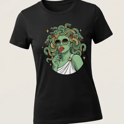Vintage Medusa T-shirt featuring snake hair and a lollipop in green, gold, black, and red — printed on a women's shirt