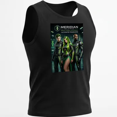 Cinematic sci-fi design featuring three characters in futuristic outfits with genetic cloning themes — printed on a tank top