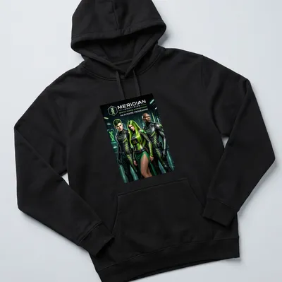 Cinematic sci-fi design featuring three characters in futuristic outfits with genetic cloning themes — printed on a unisex hoodie