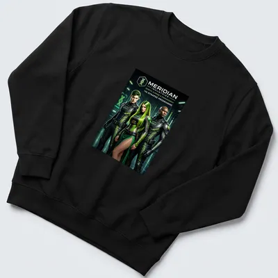 Cinematic sci-fi design featuring three characters in futuristic outfits with genetic cloning themes — printed on a unisex sweatshirt