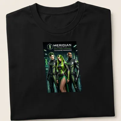 Cinematic sci-fi design featuring three characters in futuristic outfits with genetic cloning themes — printed on a unisex t-shirt