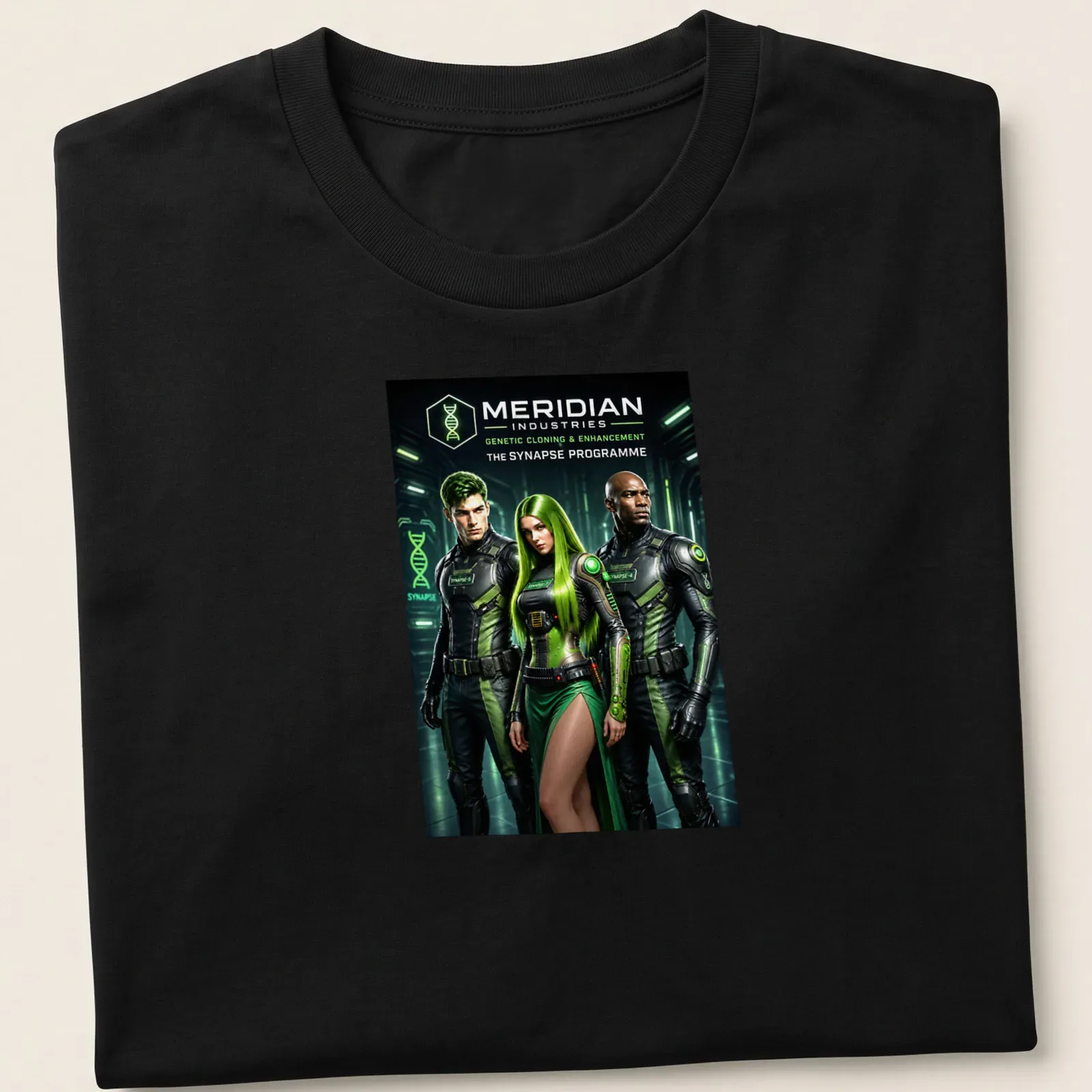 Cinematic sci-fi design featuring three characters in futuristic outfits with genetic cloning themes — printed on a unisex t-shirt